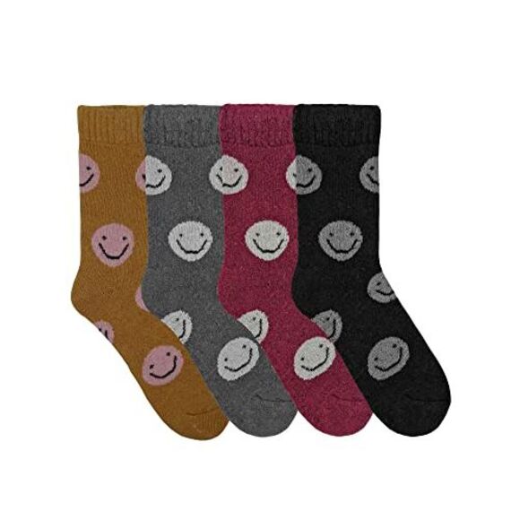 Womens 4-Pack Smiley Face Print Lambs Wool Crew Socks - Picture 3 of 5